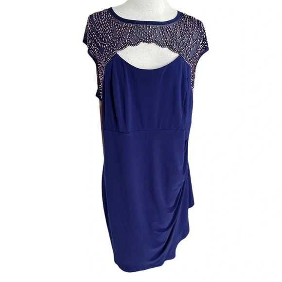 MSK 16W navy blue sheer beaded upper‎ with side ruching dress - Picture 1 of 7